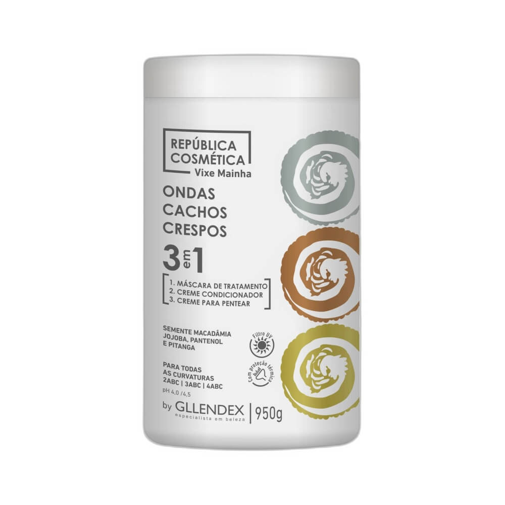 Máscara Capilar Gllendex Vixe Mainha 3 em 1 950g - pote branco com tampa branca, indicado para cabelos ondulados, cacheados e crespos